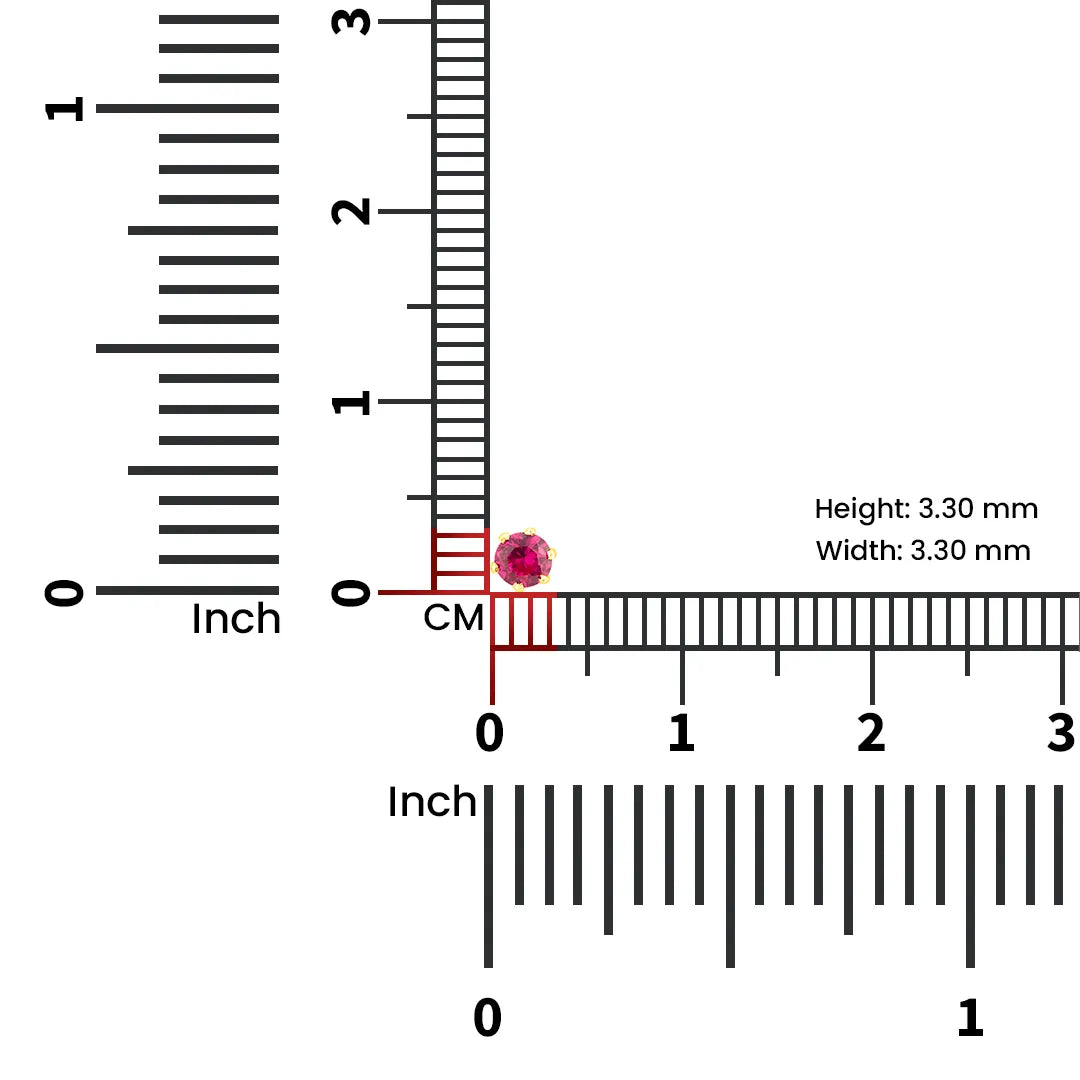 Scale view of ruby stone nose pin placed beside ruler