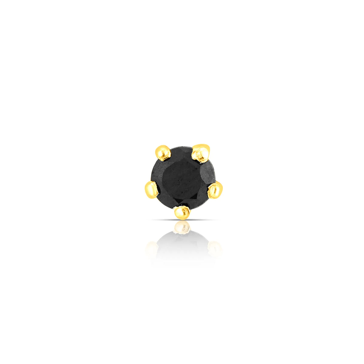 Front view of round black stone nose pin in gold setting