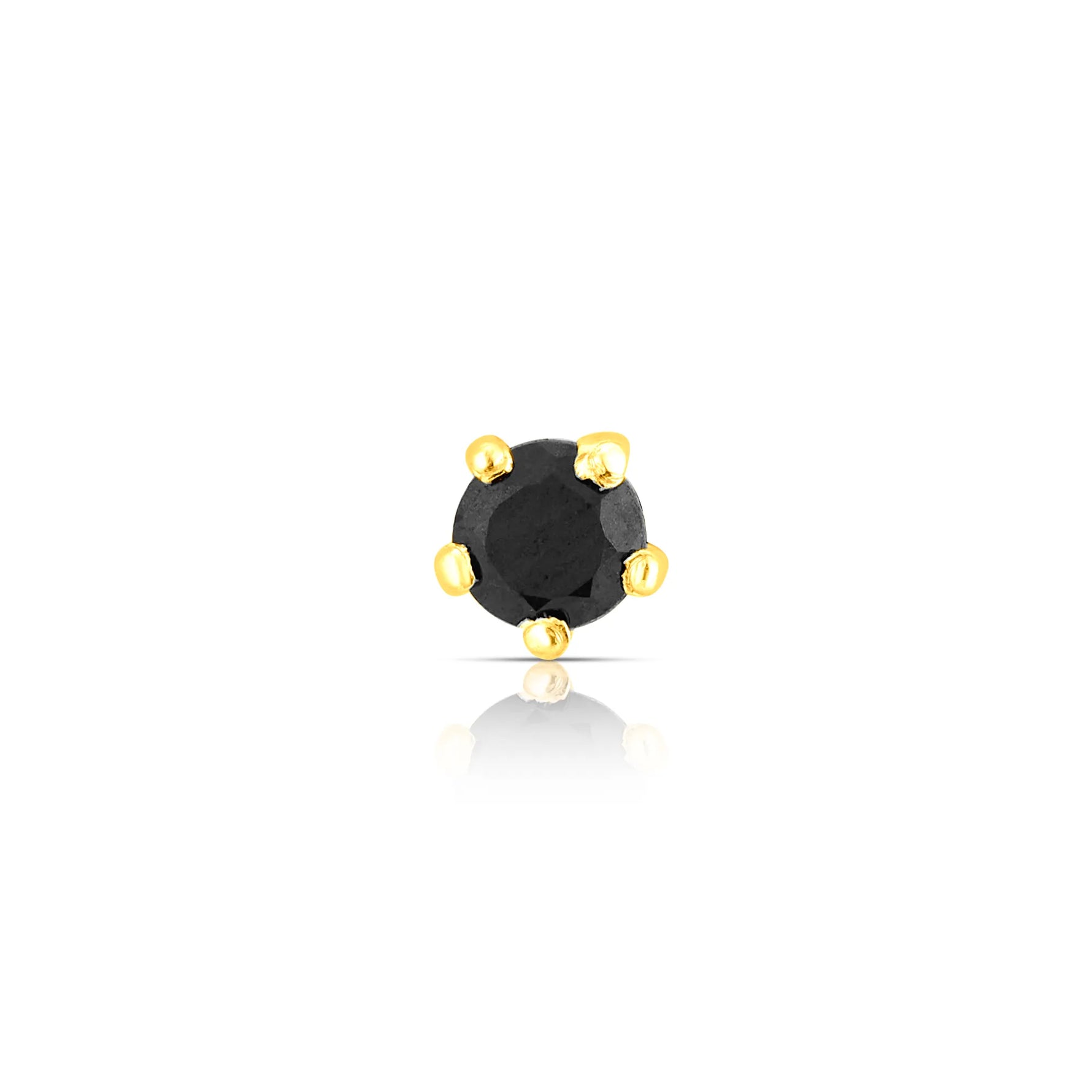 Front view of round black stone nose pin in gold setting