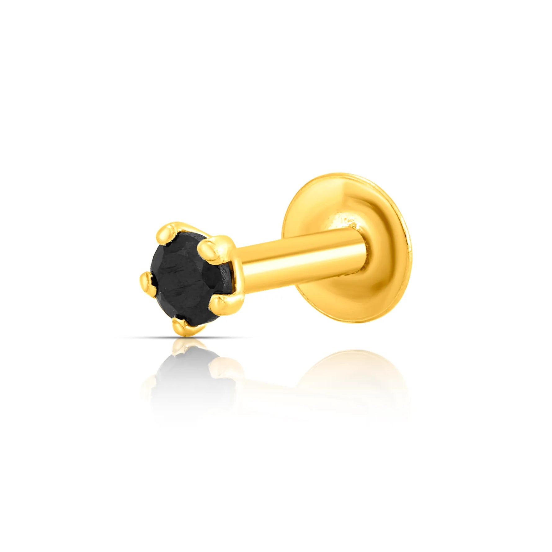 Front view of round black stone nose pin in gold setting