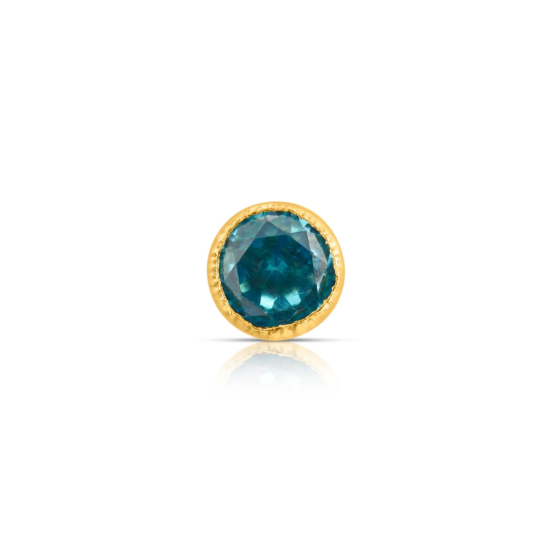 Gold stud nose pin with blue gemstone on white background