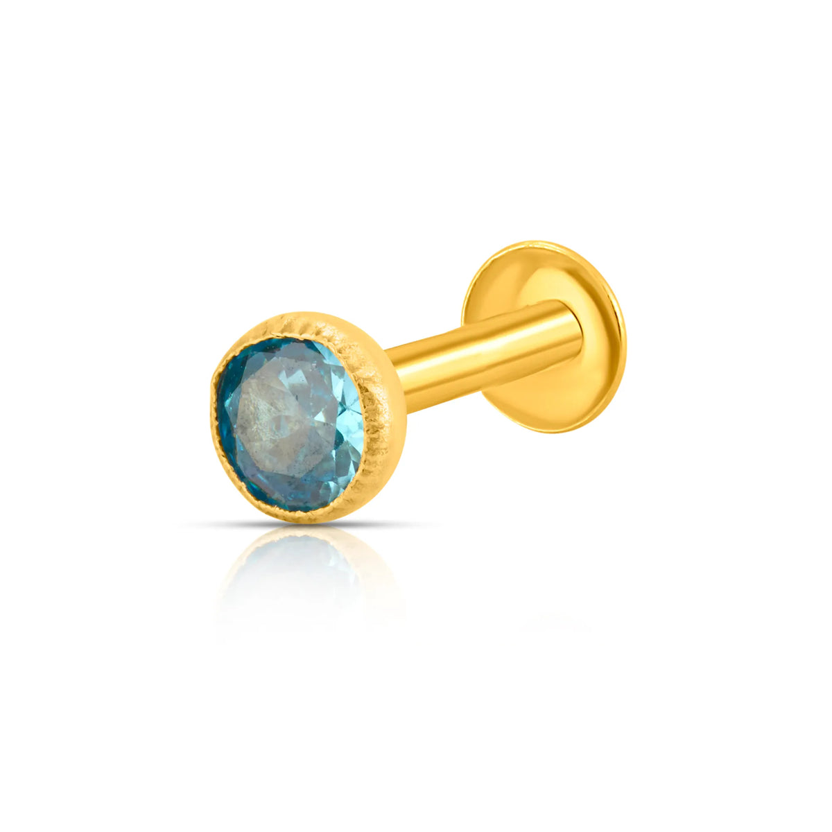 Gold stone nose pin with blue gemstone front view on white background