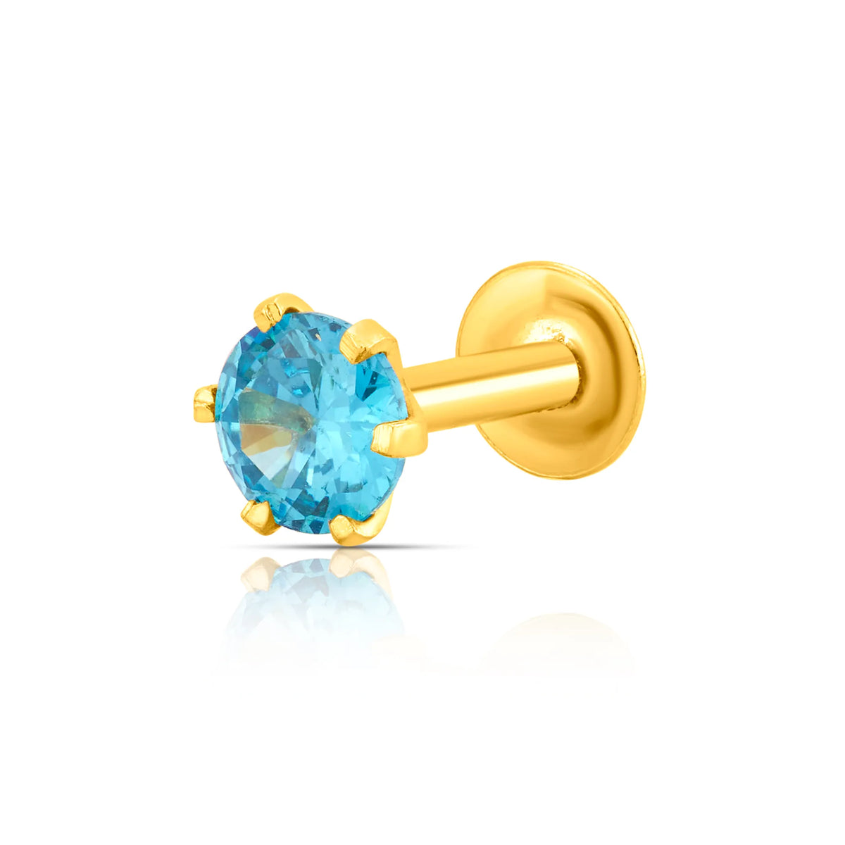 Side profile view of blue gemstone gold stone nose pin