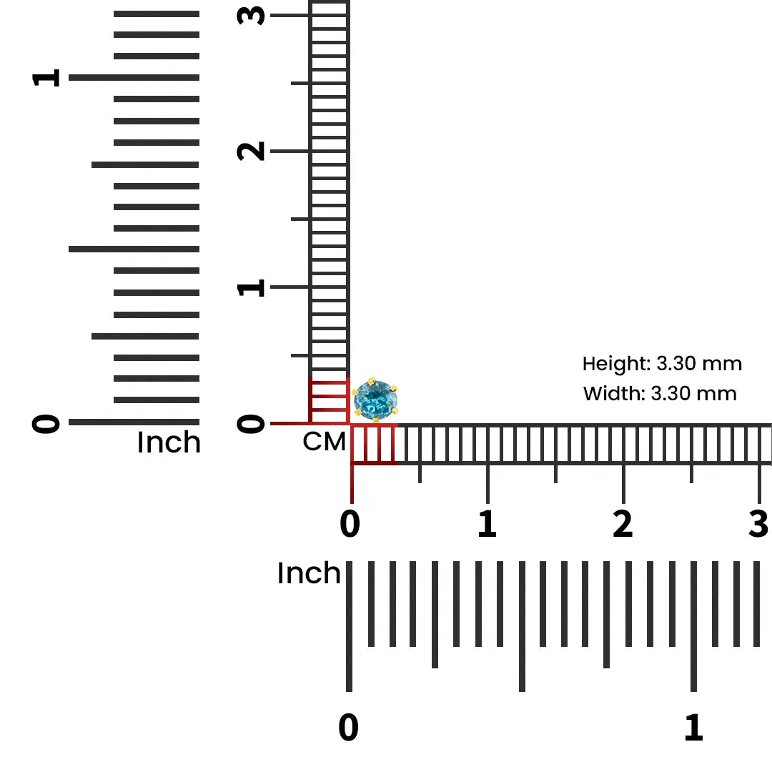 Scale view of blue stone gold nose pin with ruler