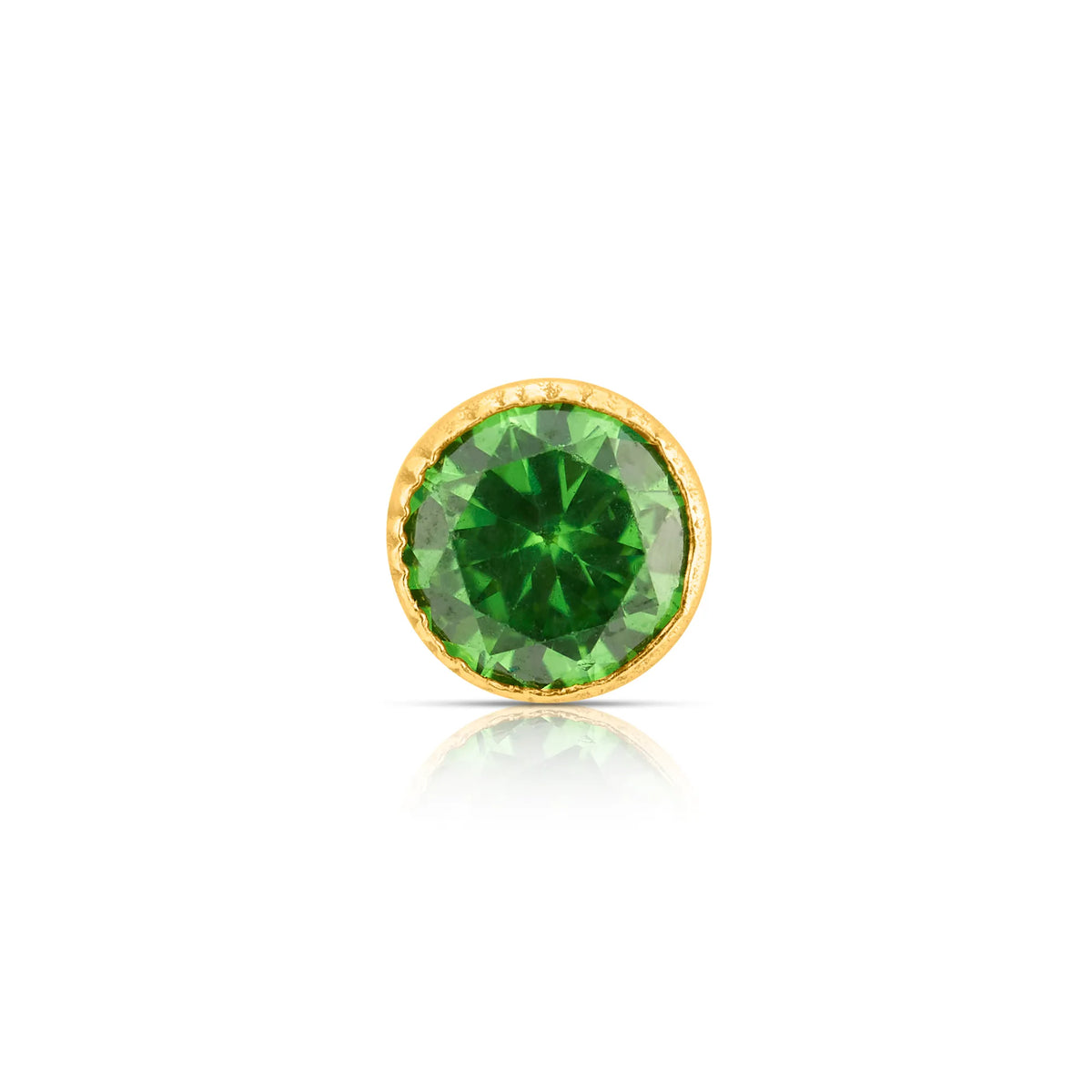 Gold stone nose pin with green gemstone front view on white background