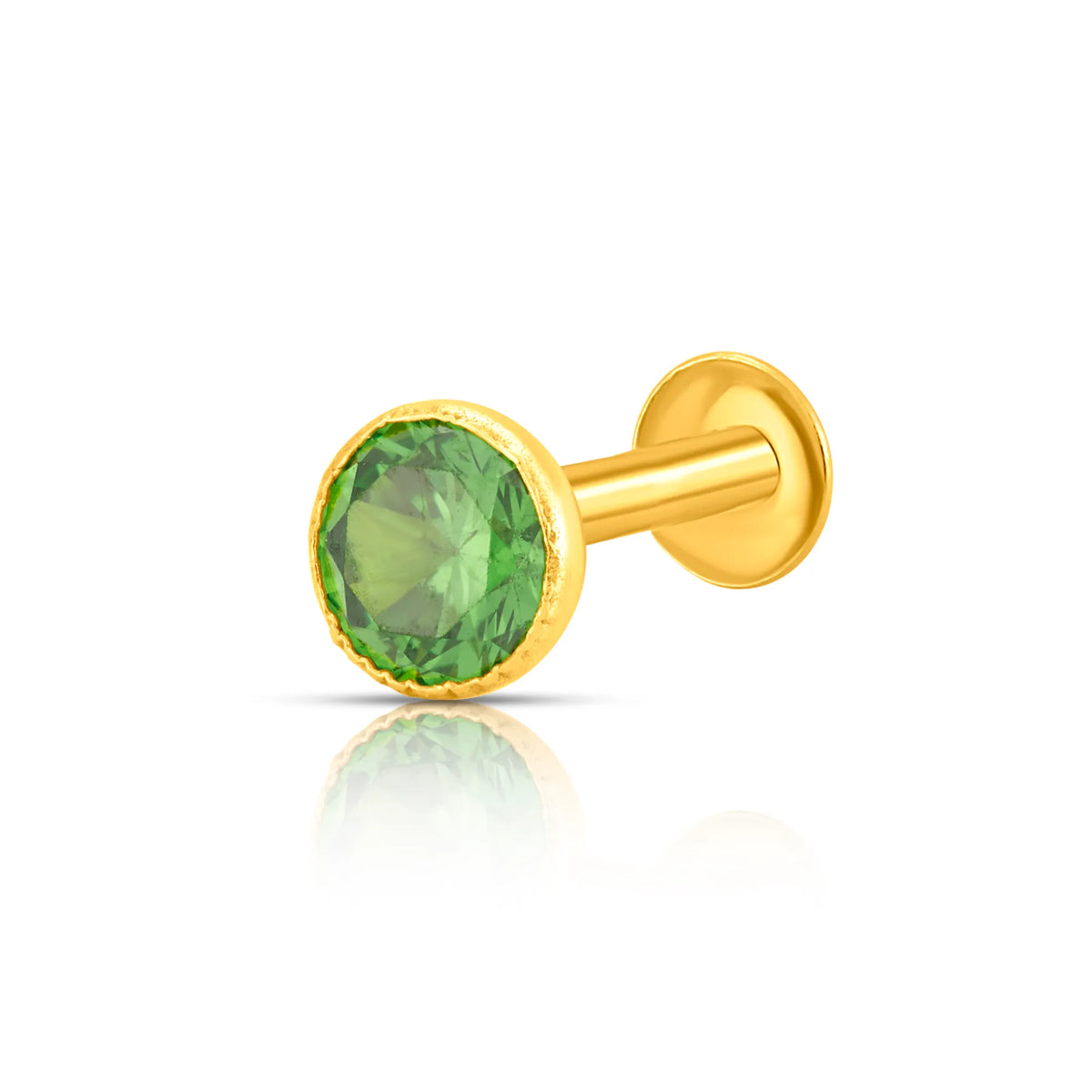 Gold stone nose pin with green gemstone side view on white background