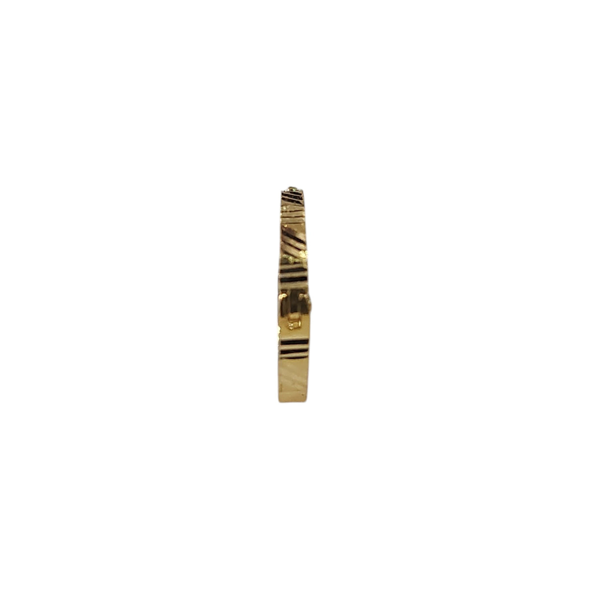 Side profile view of slim 18K gold nose ring on a white surface showing its narrow band design
