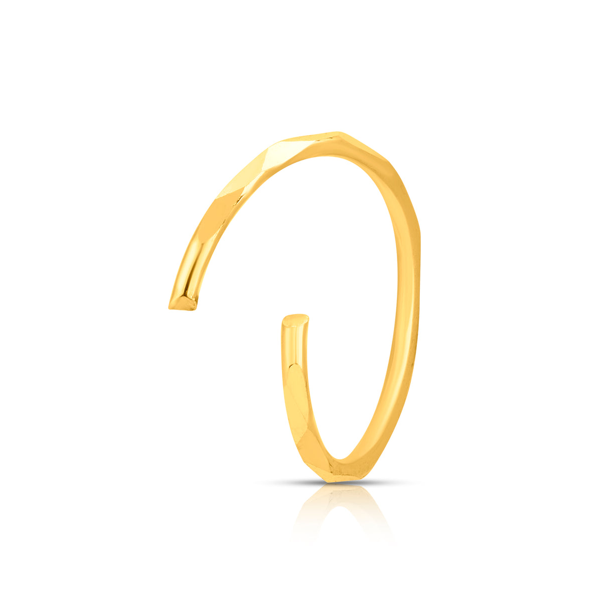 Open front angle view of minimal plain 18K gold hoop nose ring on a white background showing smooth rounded edges
