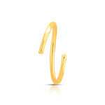 Side angle view of thin plain gold hoop nose ring highlighting the open clasp design