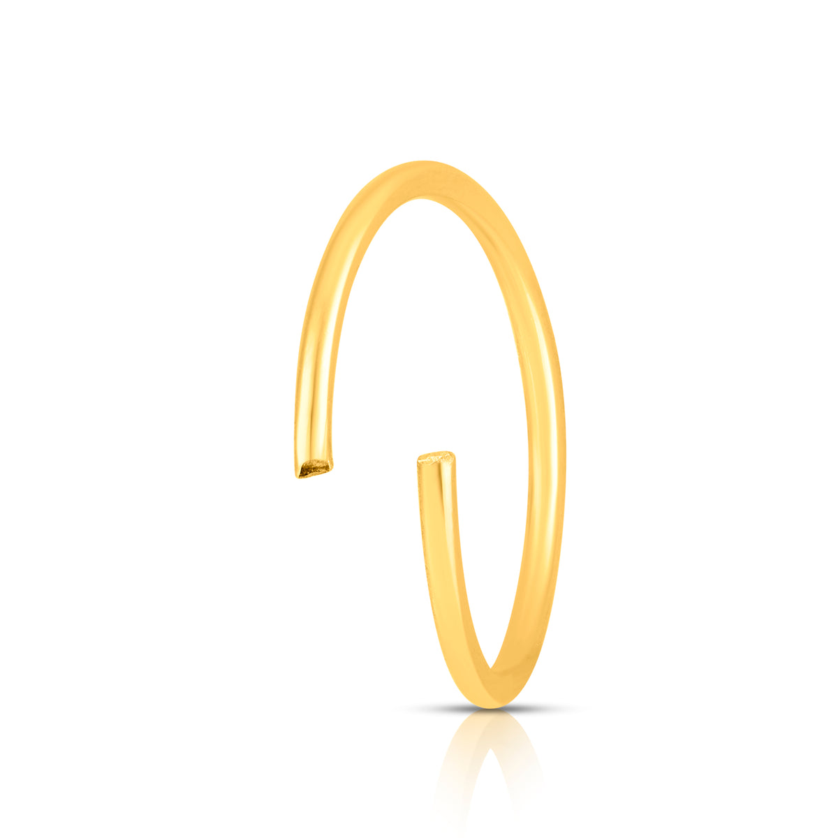 Open front view of minimal plain 18K gold hoop nose ring on a white background highlighting smooth finish