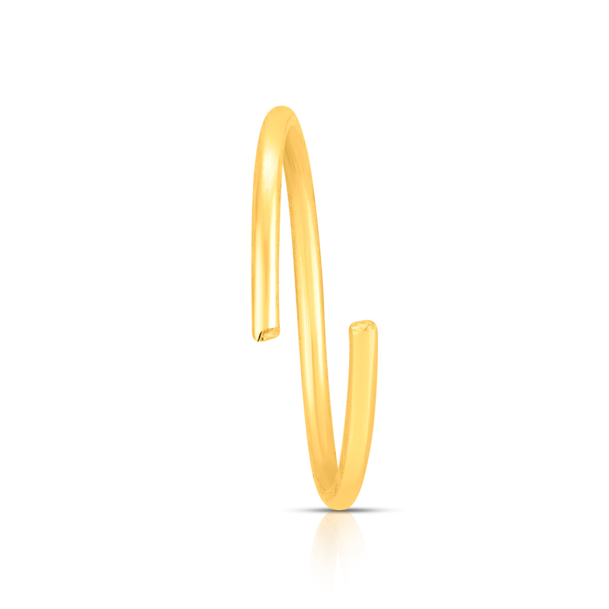 Side profile view of thin 18K gold hoop nose ring showing open clasp design