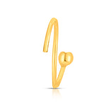 Side profile view of slim open hoop gold nose ring highlighting smooth curvature and polished finish
