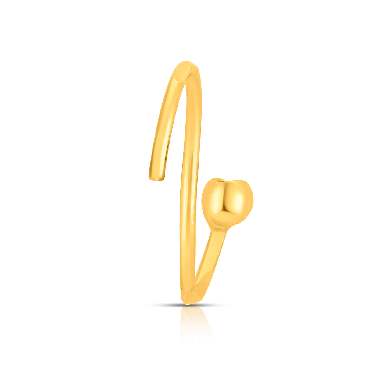 Side profile view of slim open hoop gold nose ring highlighting smooth curvature and polished finish