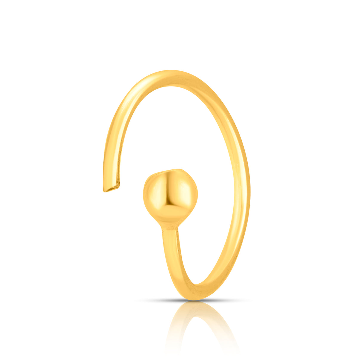 Front view of simple open hoop gold nose ring on a white background highlighting its smooth polished finish