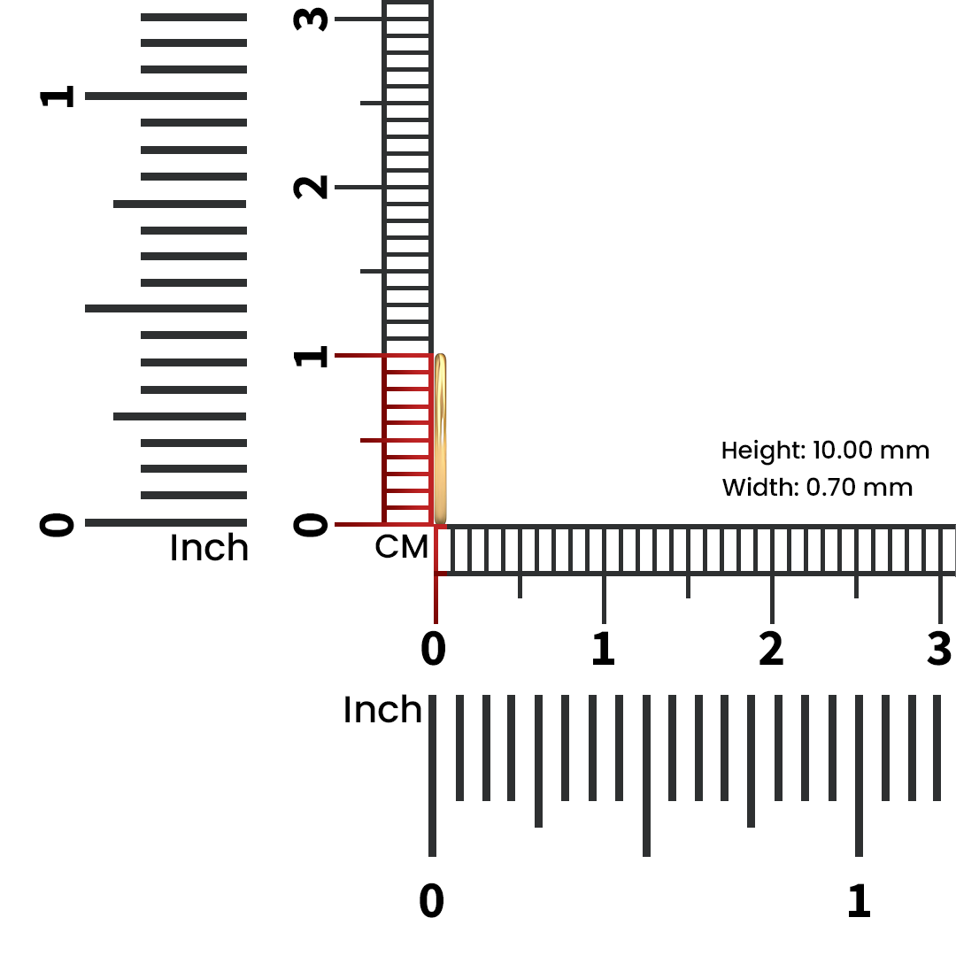 Measurement reference image showing diameter of plain 18K gold hoop nose ring with ruler