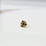 Gold ring with green and multicolor gemstone leaf-petal design, front view