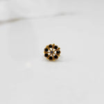 Front view of gold ring with black gemstone petals