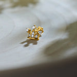 Trending gold nose pin with crown-inspired diamond design on textured background