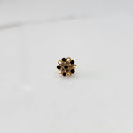 Front view of gold nose pin with black gemstone mandala design on white background