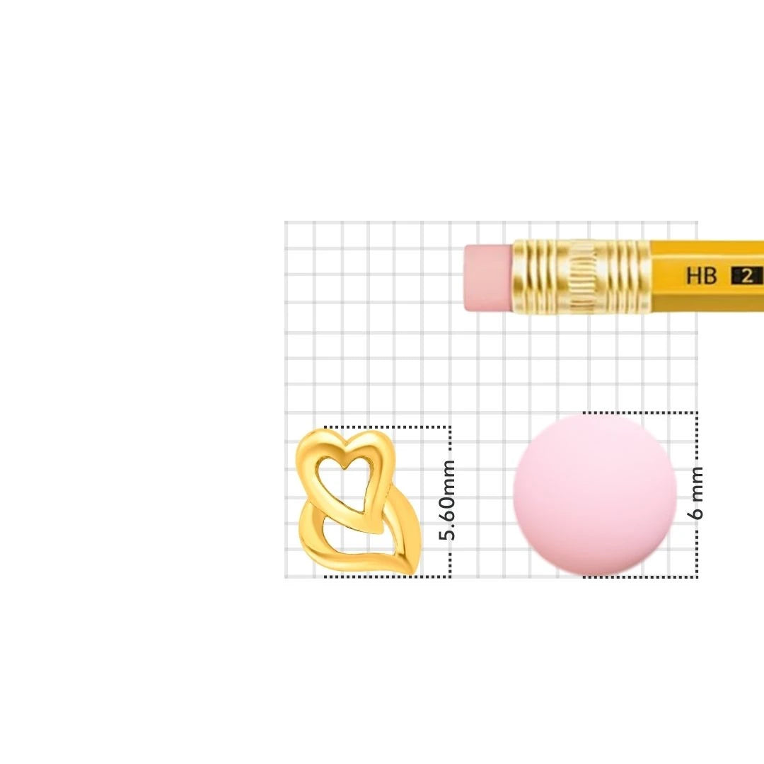Gold double heart nose stud size compared to pencil eraser, 5.60mm