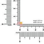 Gold embroidery bead measuring 3mm x 3mm shown on ruler for size reference