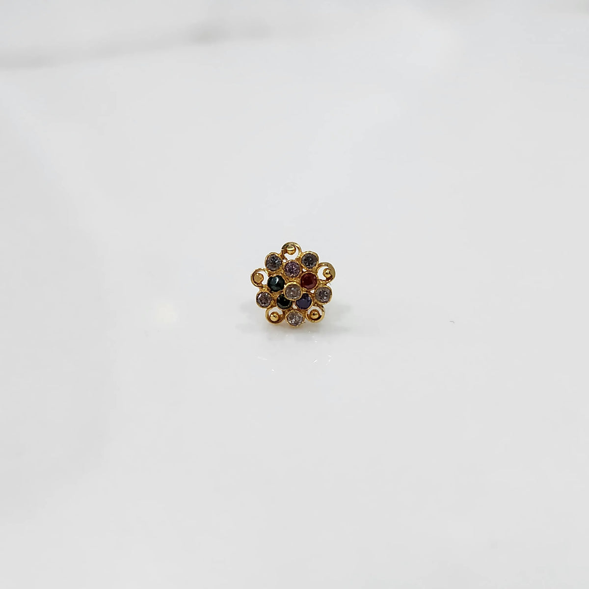Gold flower ring with multicolor gemstones in double halo setting