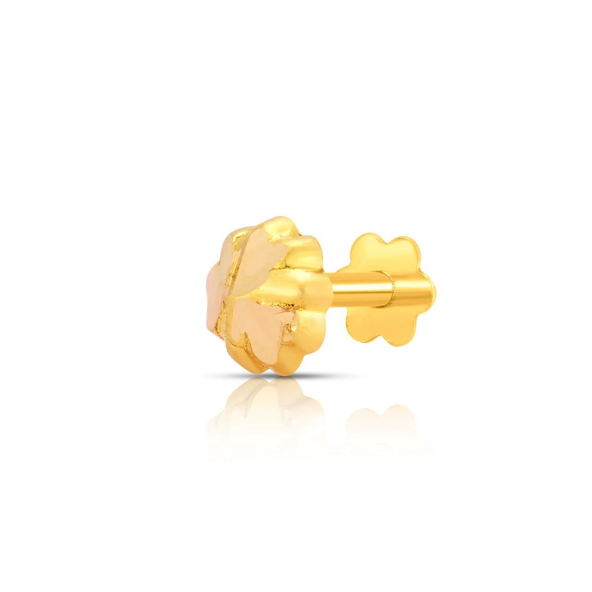 Gold four-leaf clover flower nose pin, side view showing pin back