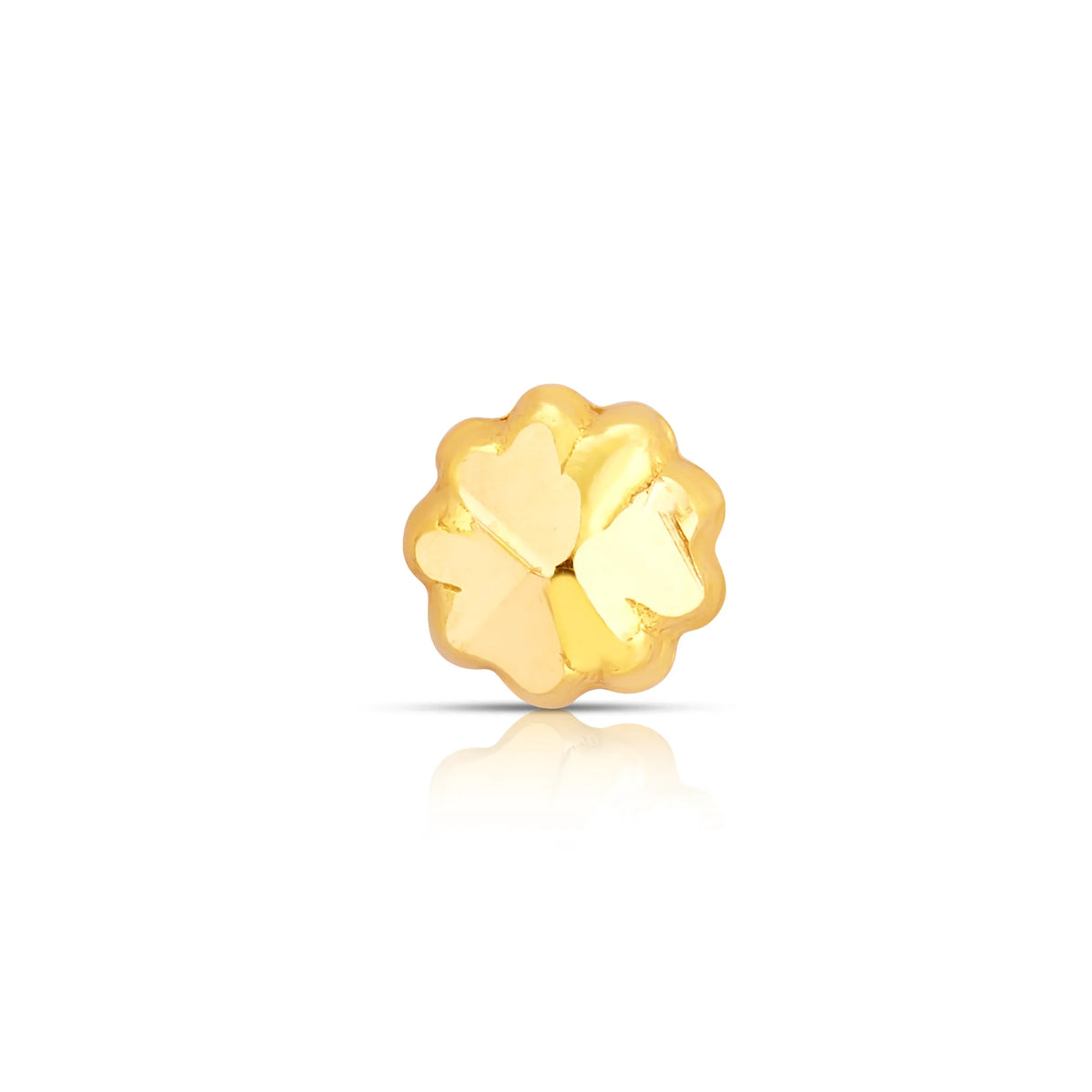 Gold four-leaf clover flower-shaped nose stud on white background