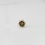 Front view of gold statement ring with green gemstones in scattered dotted cluster design