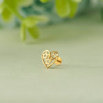 Gold heart-shaped stud earring with filigree cutout design