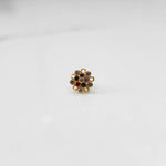 Front view of gold nose pin with multicolor gemstone mandala design on white background