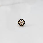 Gold nose pin design with black stone floral cluster on white background