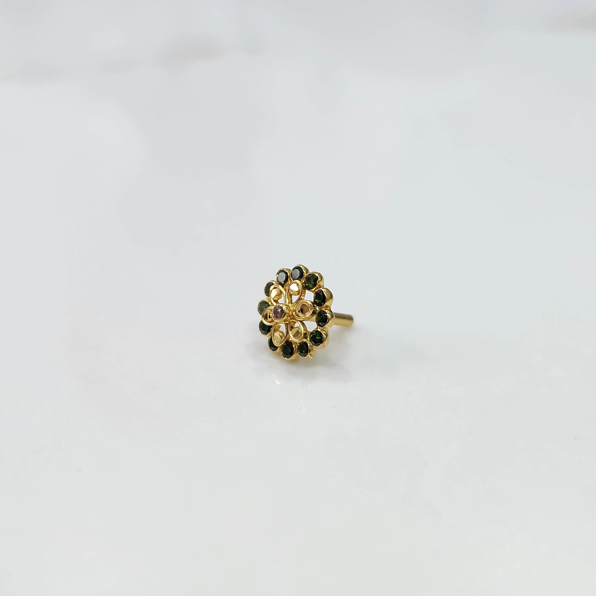 Gold nose pin with double-layer green stone floral petals and pink accent stone