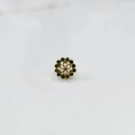 Gold nose pin design with green stone floral cluster on white background