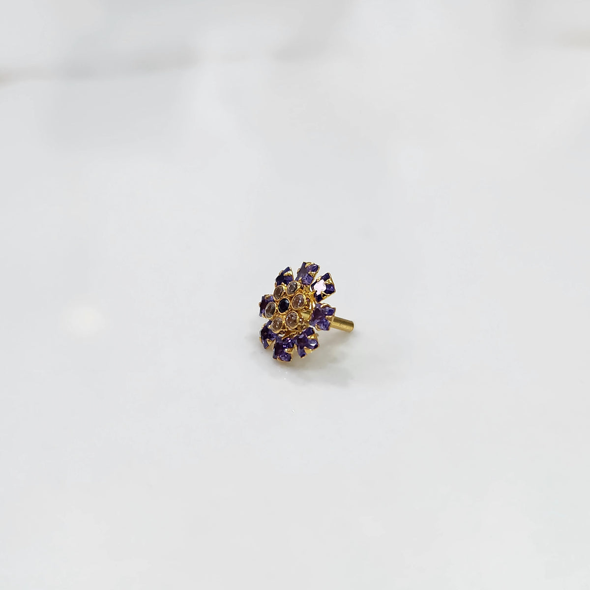 Gold nose pin with double-layer purple square-cut stone petals and champagne center