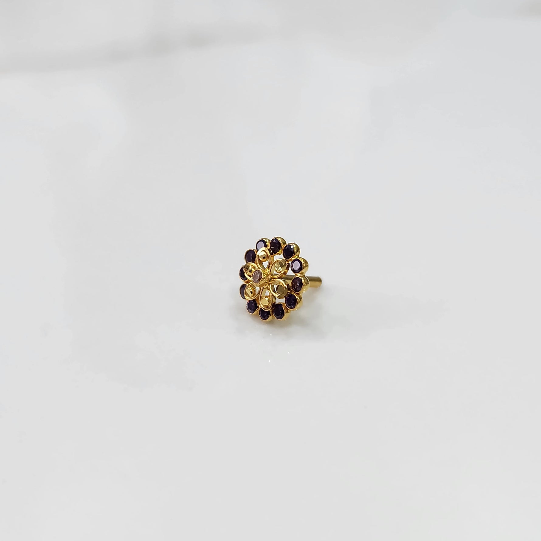 Gold nose pin with double-layer purple stone floral petals and clear center stone