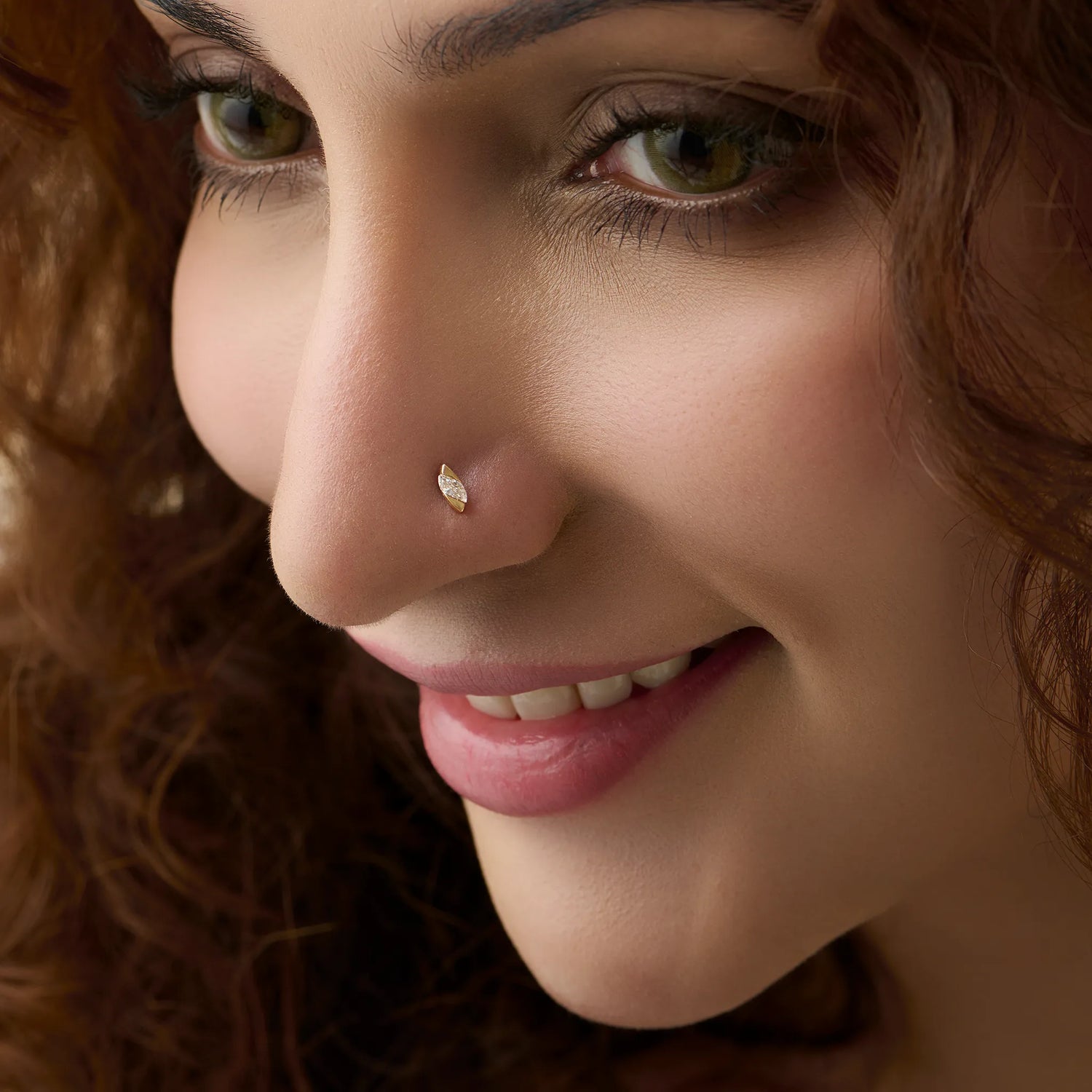 Stone Gold Nose Pin worn by a woman showcasing a subtle, elegant everyday look