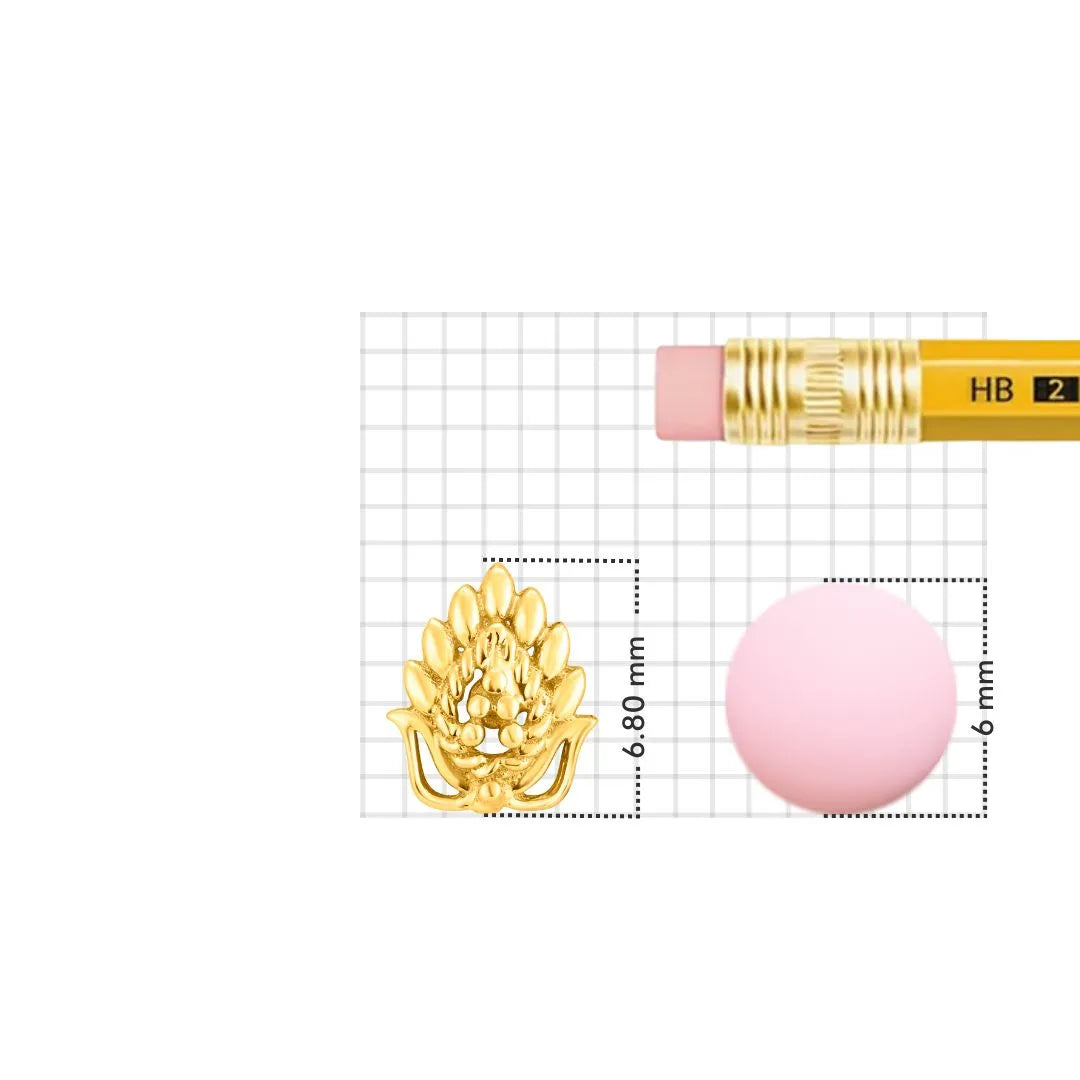 Gold peacock feather nose pin size comparison with pencil eraser showing 6.80mm