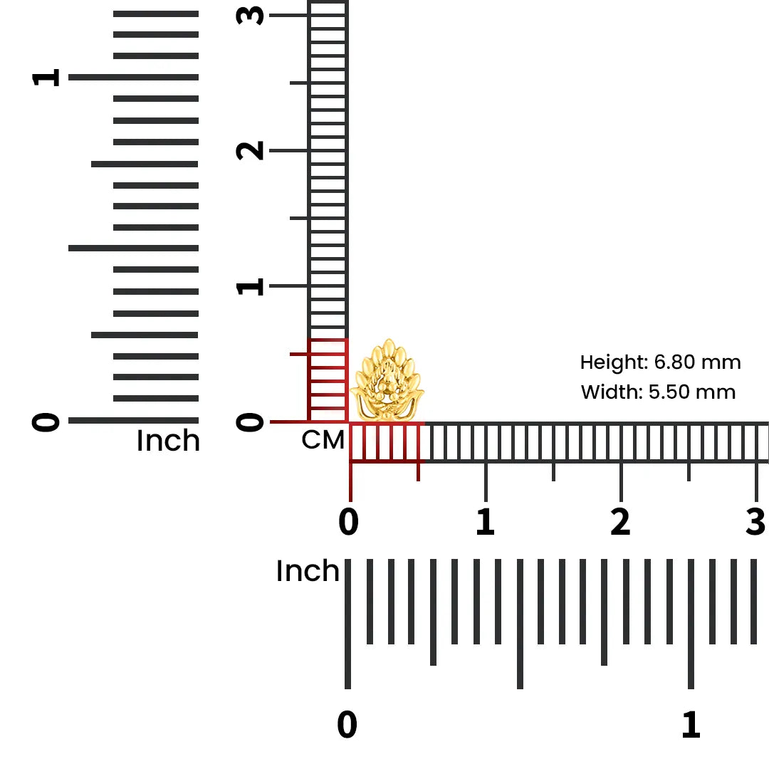 Gold peacock feather nose pin size chart showing 6.80mm height and 5.50mm width
