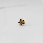 Front view of gold nose pin with purple gemstone mandala design on white background