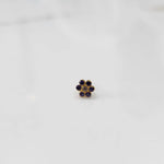 Nose pin design gold with purple stone floral cluster front view on white background