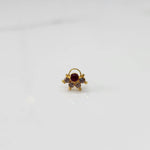 Close-up of gold multicolor cluster ring with red and clear stones