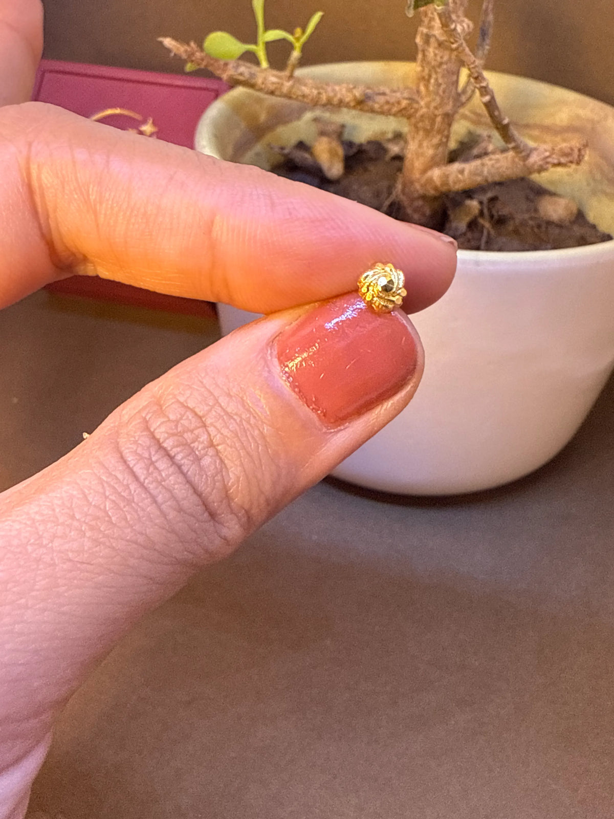 Gold rosette-shaped nose pin stud balanced on fingertip beside a bonsai plant