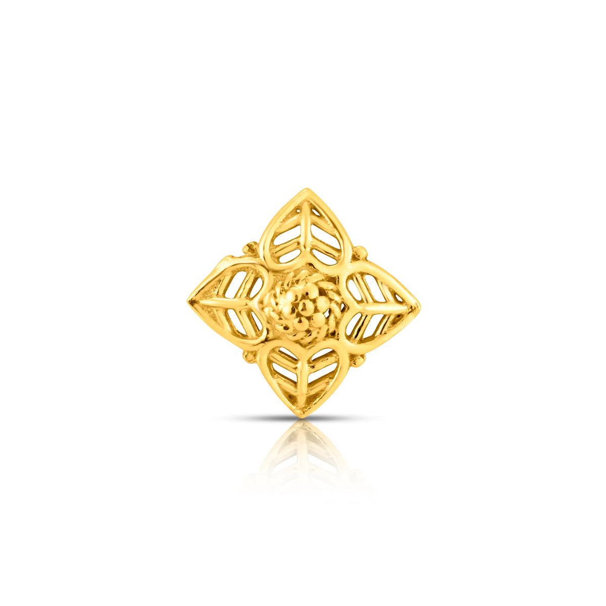 Gold nose pin with a four-petal star and filigree flower center design on a white background