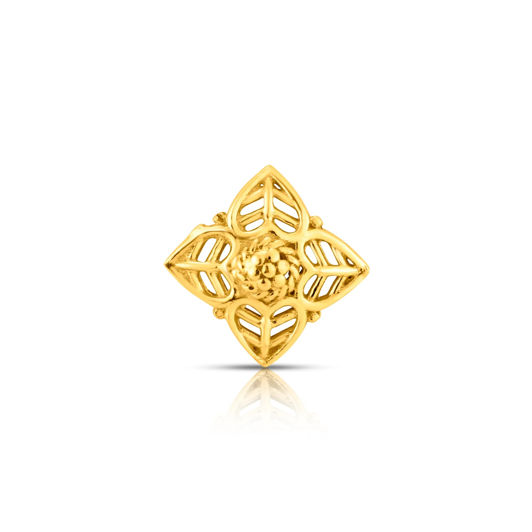 Gold nose pin with a four-petal star and filigree flower center design on a white background