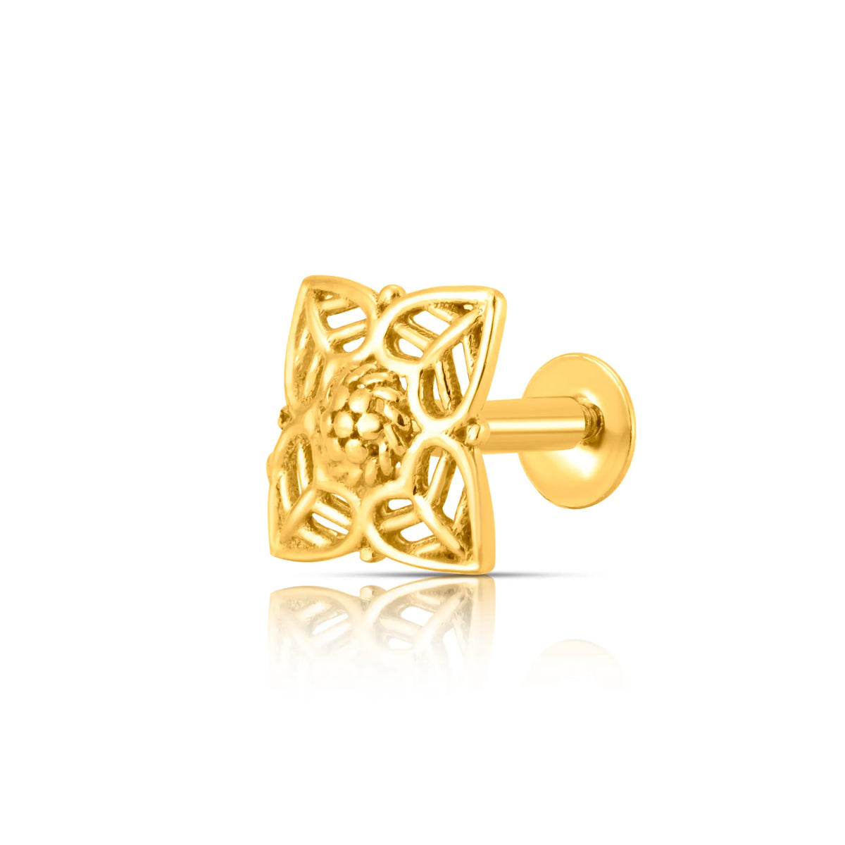 Side view of a gold nose pin with filigree star-flower design and screw-back fitting