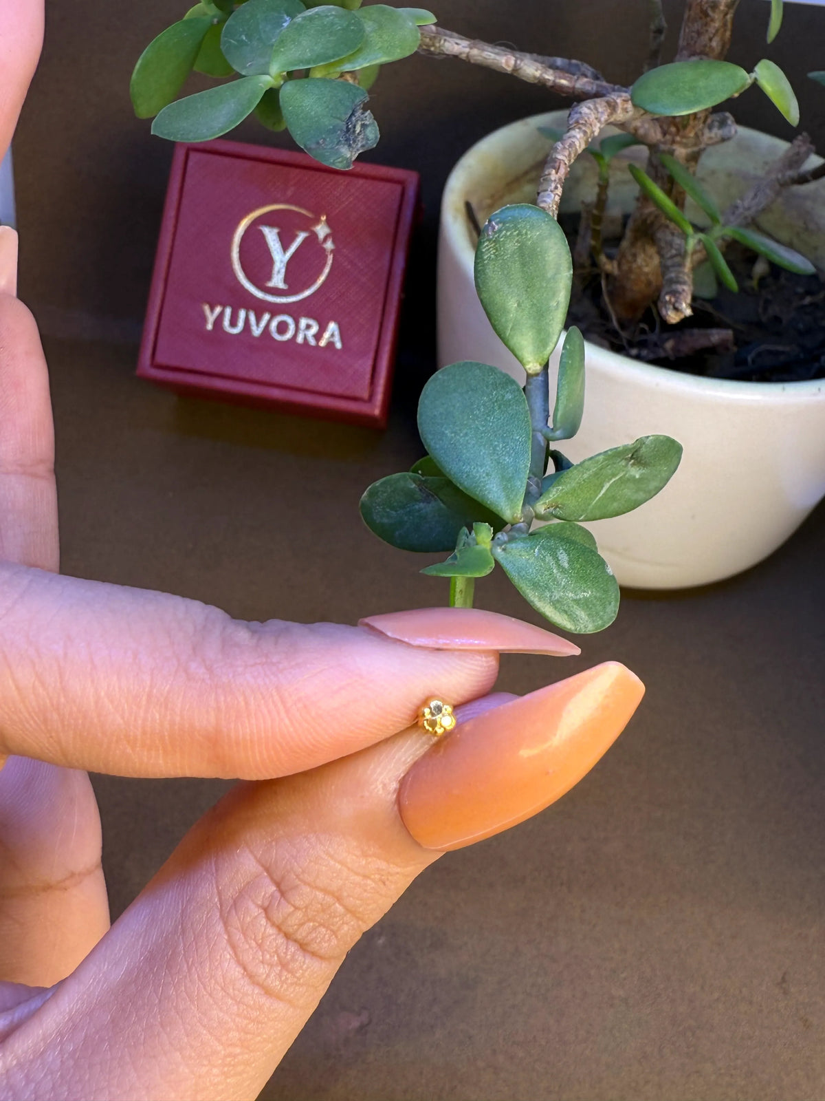 Gold textured nose stud held in fingers with Yuvora jewelry box in background