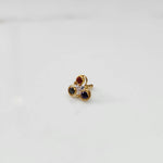 Gold ring with three-stone cluster in ruby-red, clear and blue