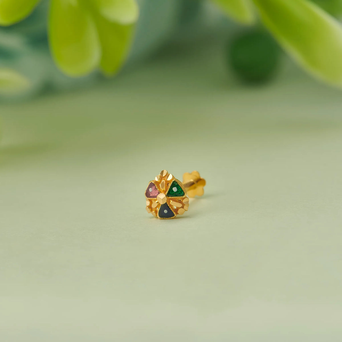 Gold stud earring with triangular multicolor gemstone accents