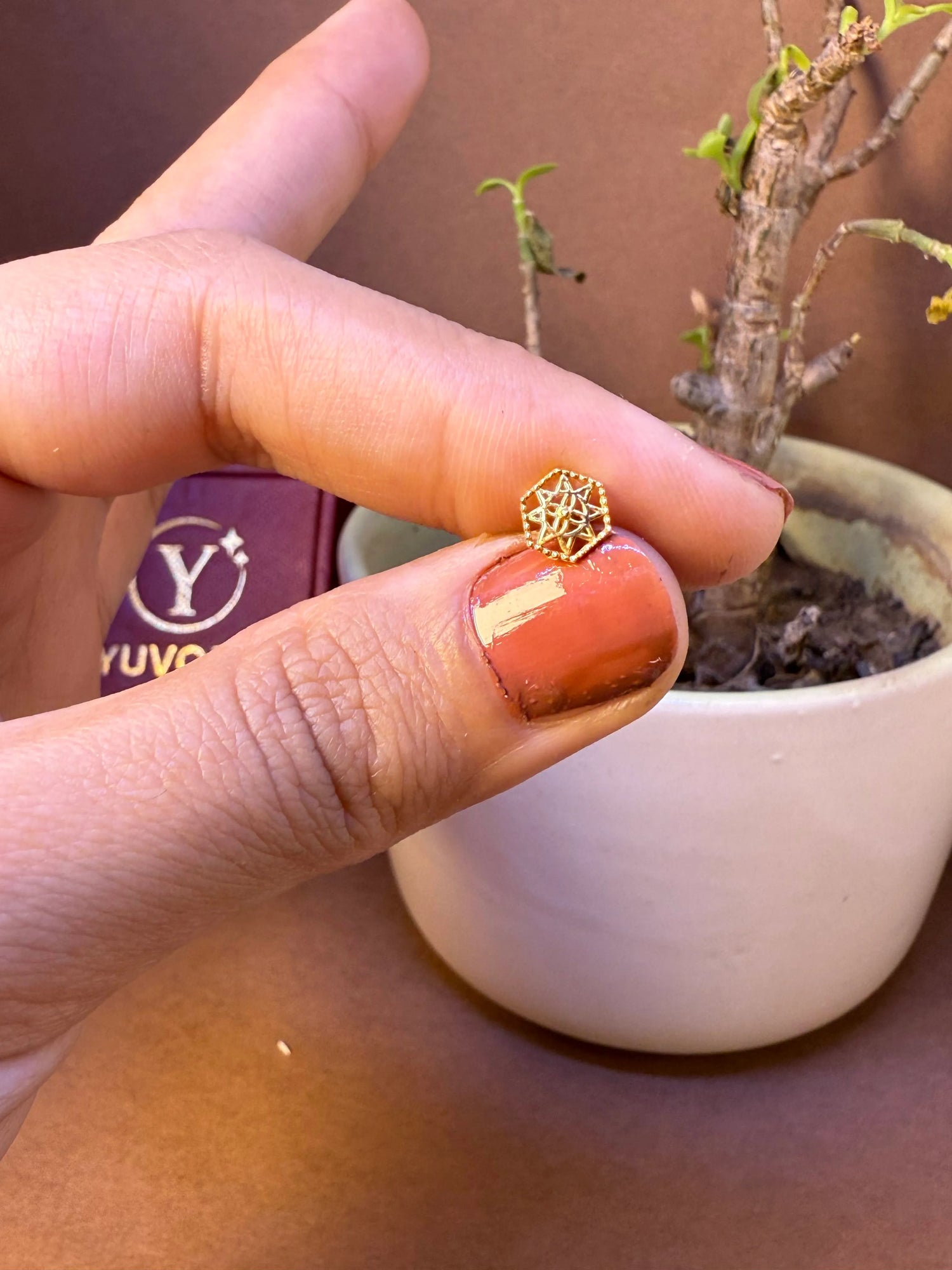 Hexagon-shaped gold nose pin with geometric lattice design, held between fingertips